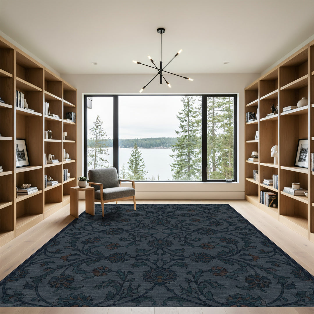 Dark Teal Floral Scrollwork Rug