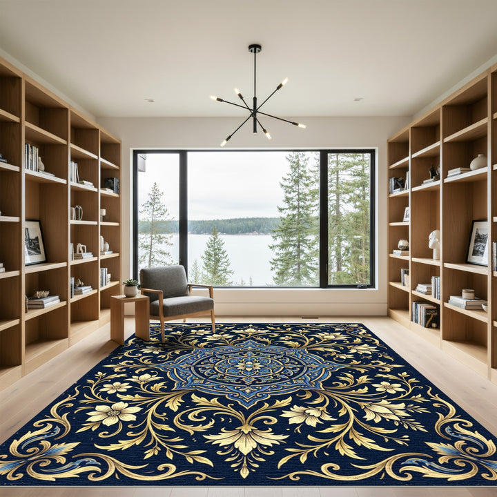 Ornate Golden Blue Floral Mandala Rug