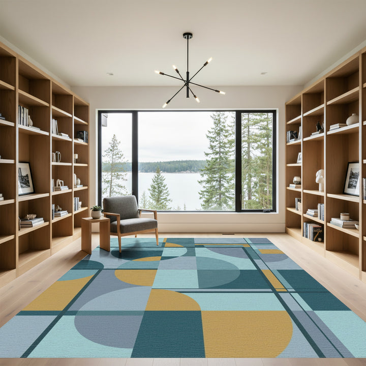 Abstract Teal Gold Geometric Circles Rug