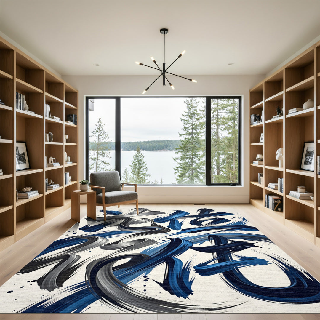 Dynamic Blue And Gray Brush Strokes Rug