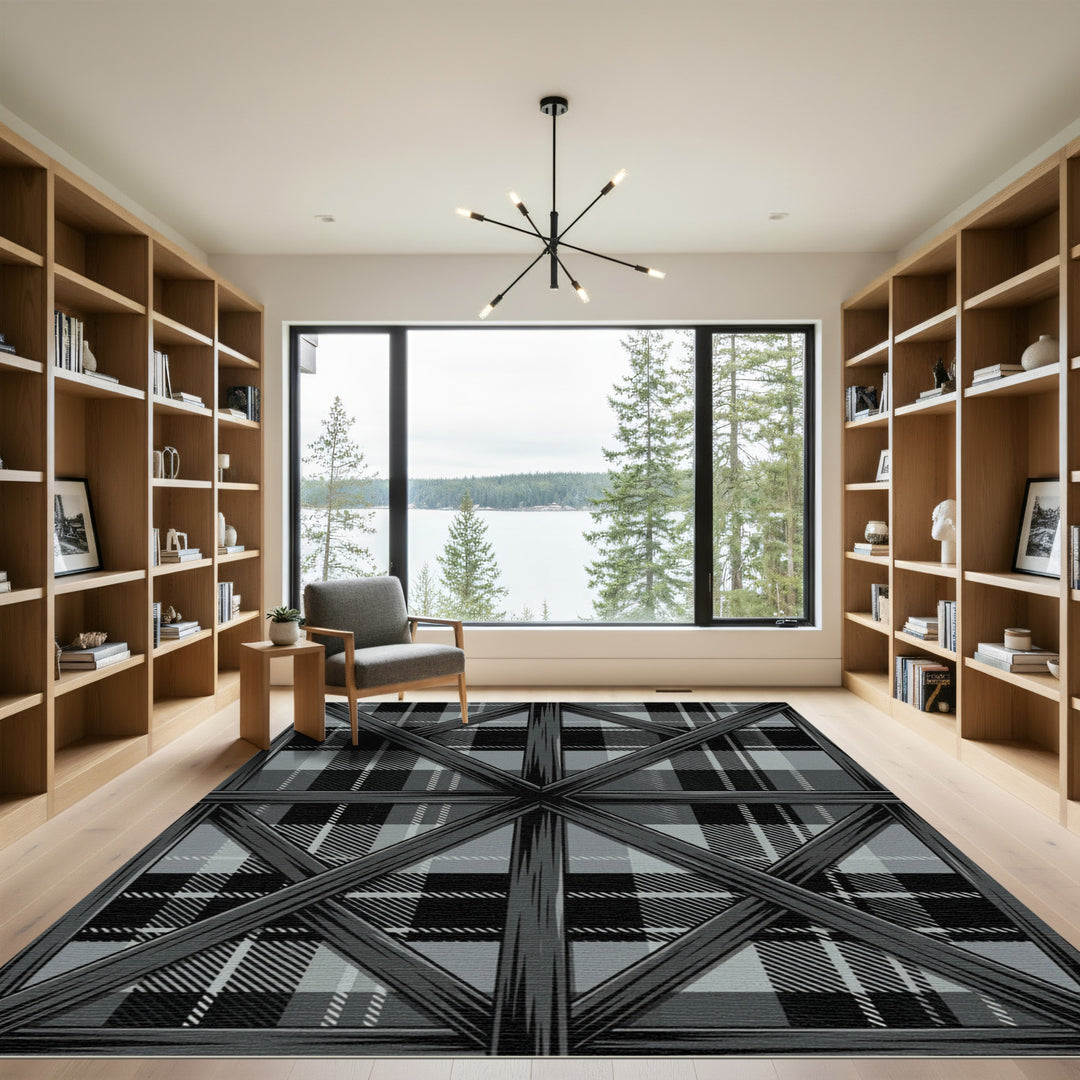 Dark Gray Plaid Geometric Window Rug