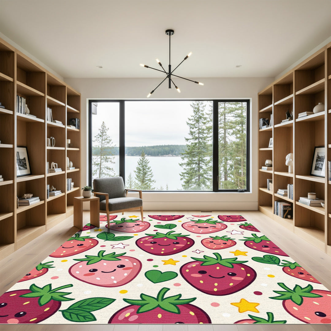 Happy Pink Strawberry Hearts and Stars Rug