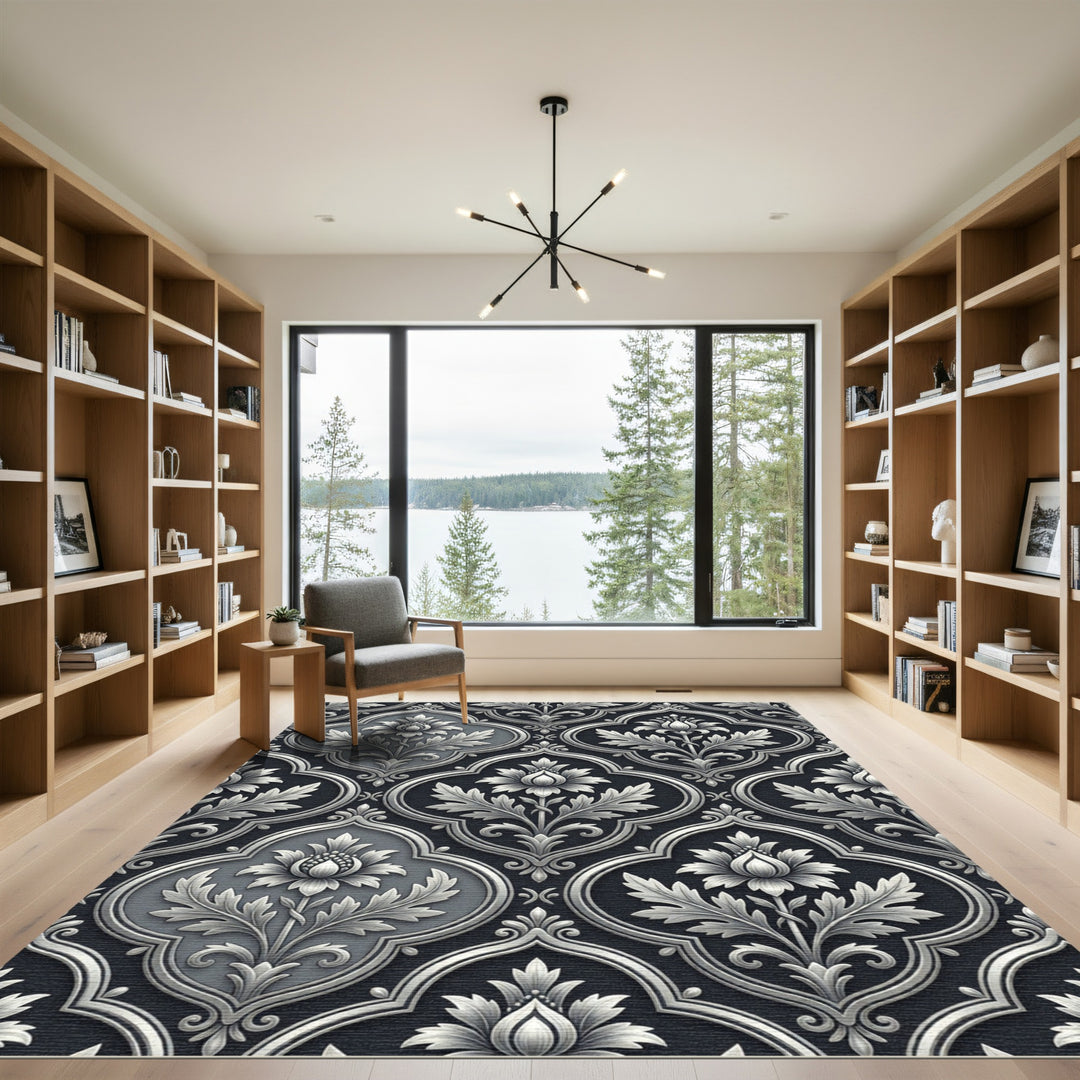 Elegant Silver Floral Damask Rug