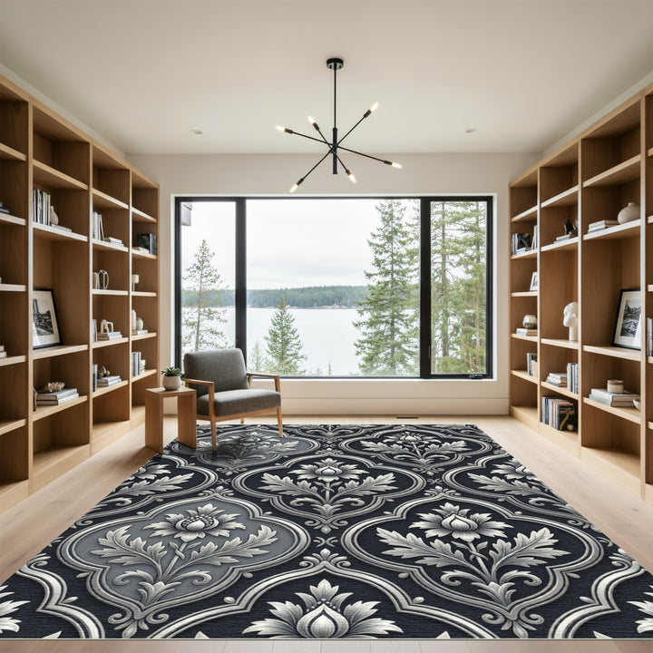 Elegant Silver Floral Damask Rug