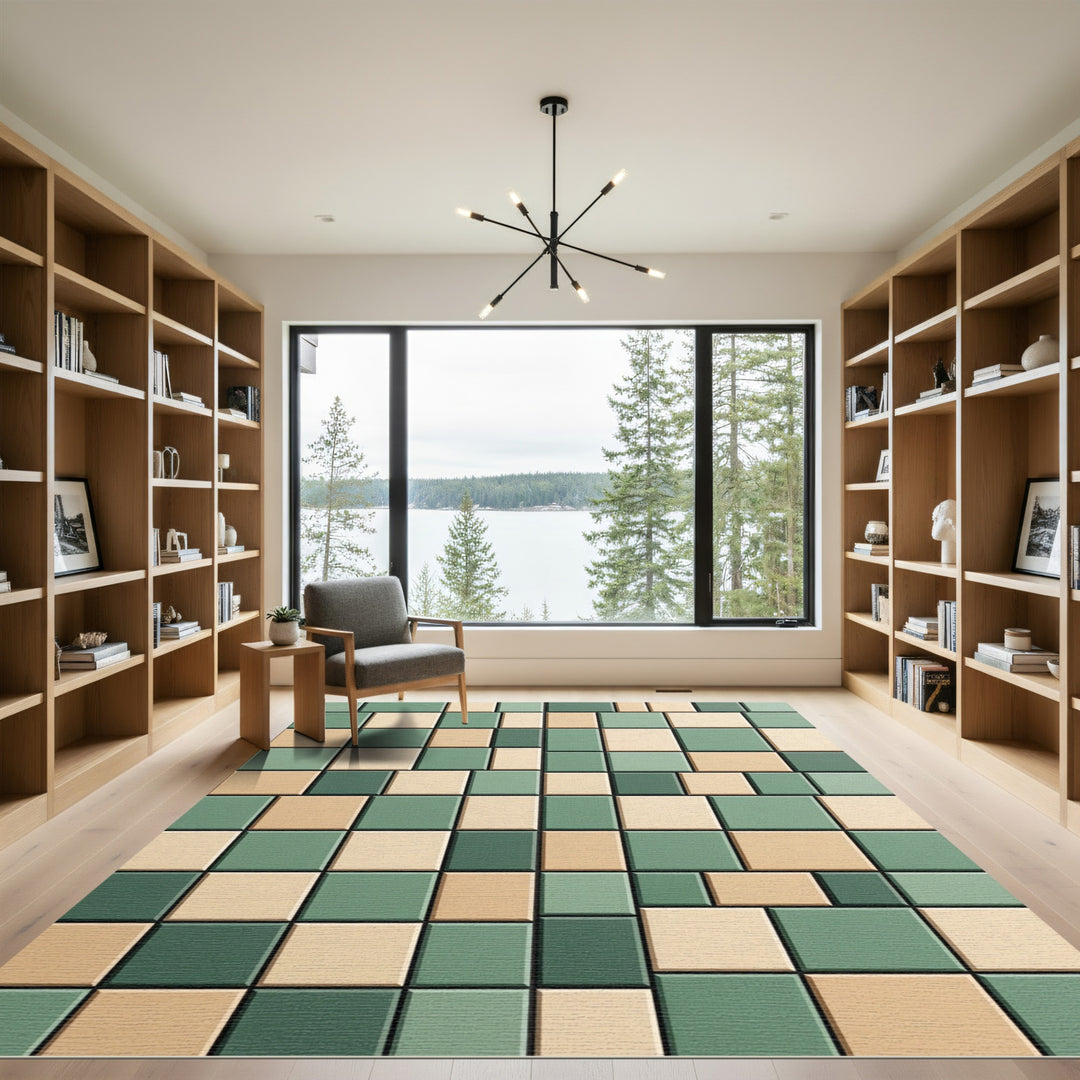 Modern Green Square Mosaic Rug
