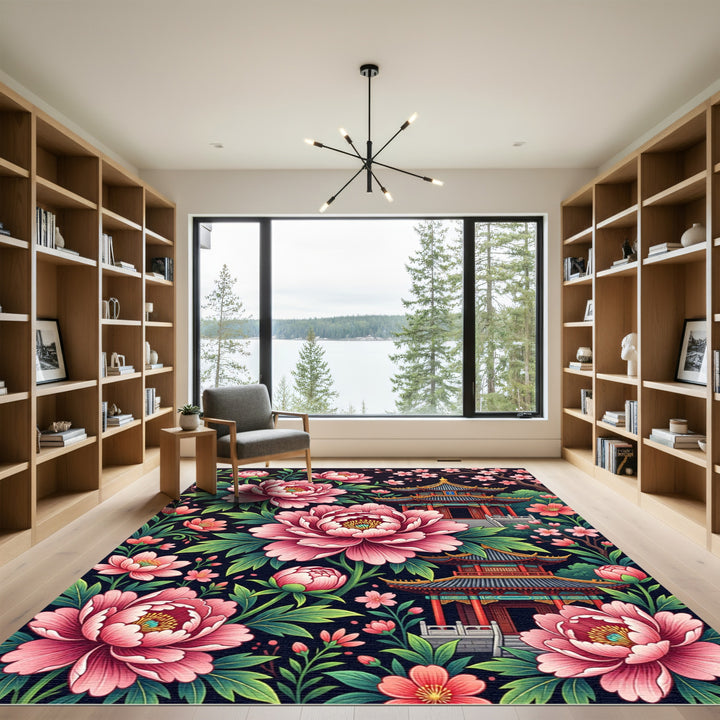Rich Pink Peony Pagoda Garden Art Rug