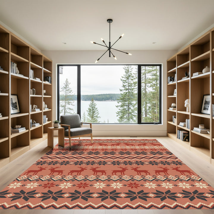 Rustic Red Deer Snowflake Nordic Rug