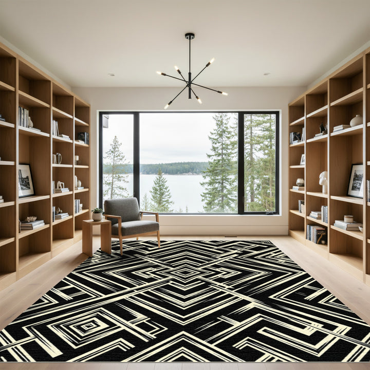 Bold Black Cream Geometric Line Rug