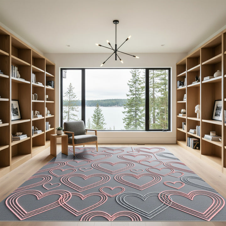 Pink and Gray Layered Hearts Area Accent Rug