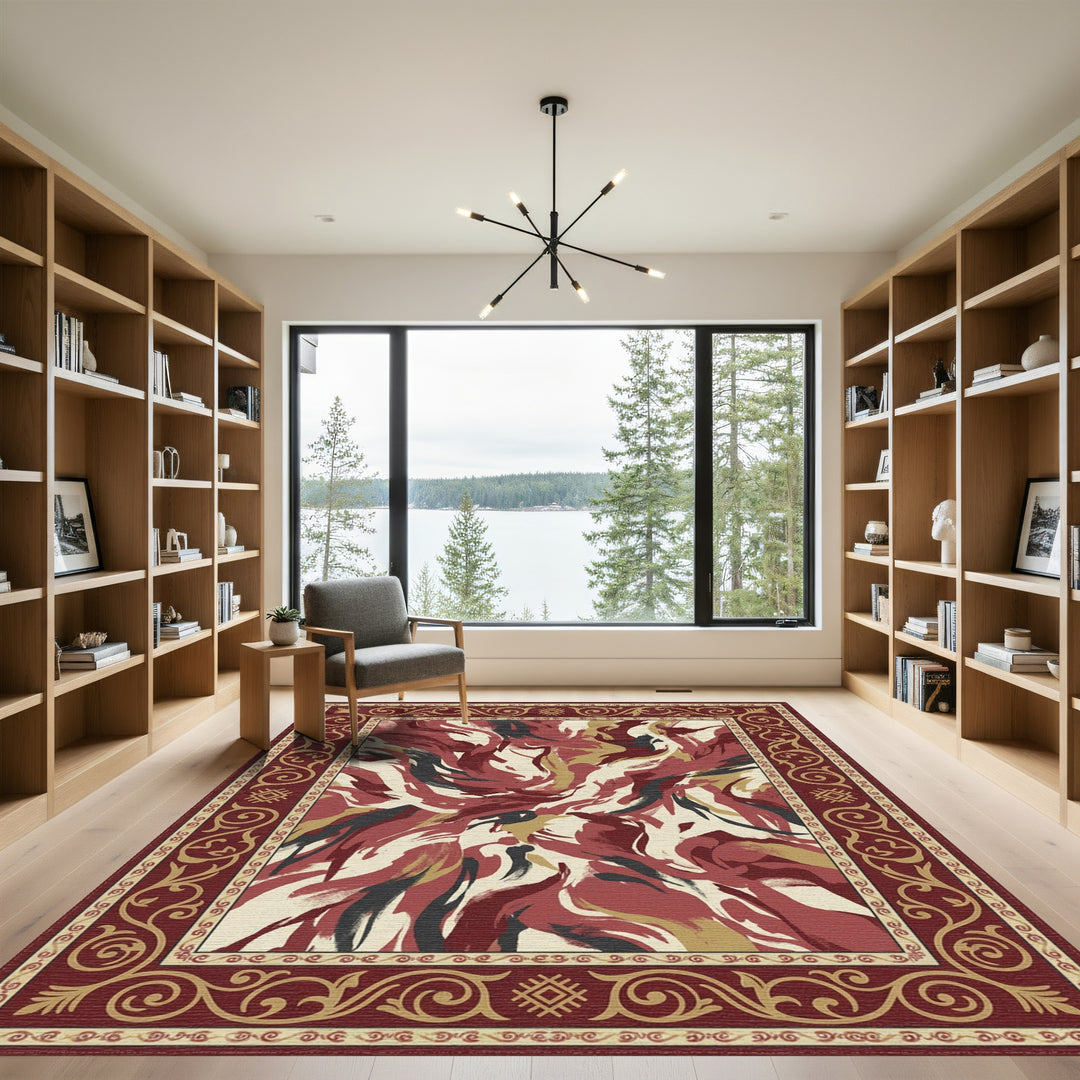 Crimson Abstract Brushstroke Border Rug