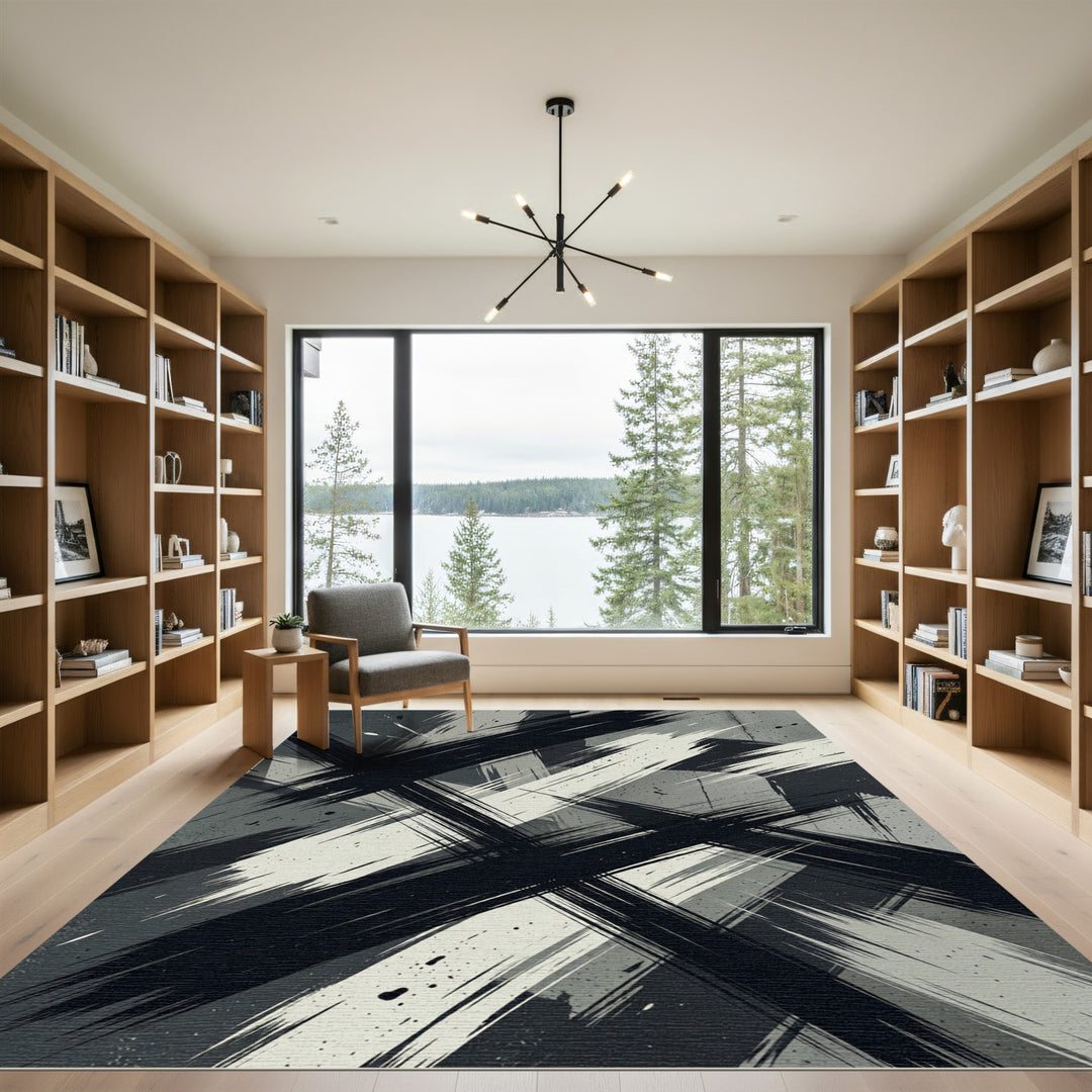 Bold Black White Abstract Brush Strokes Rug