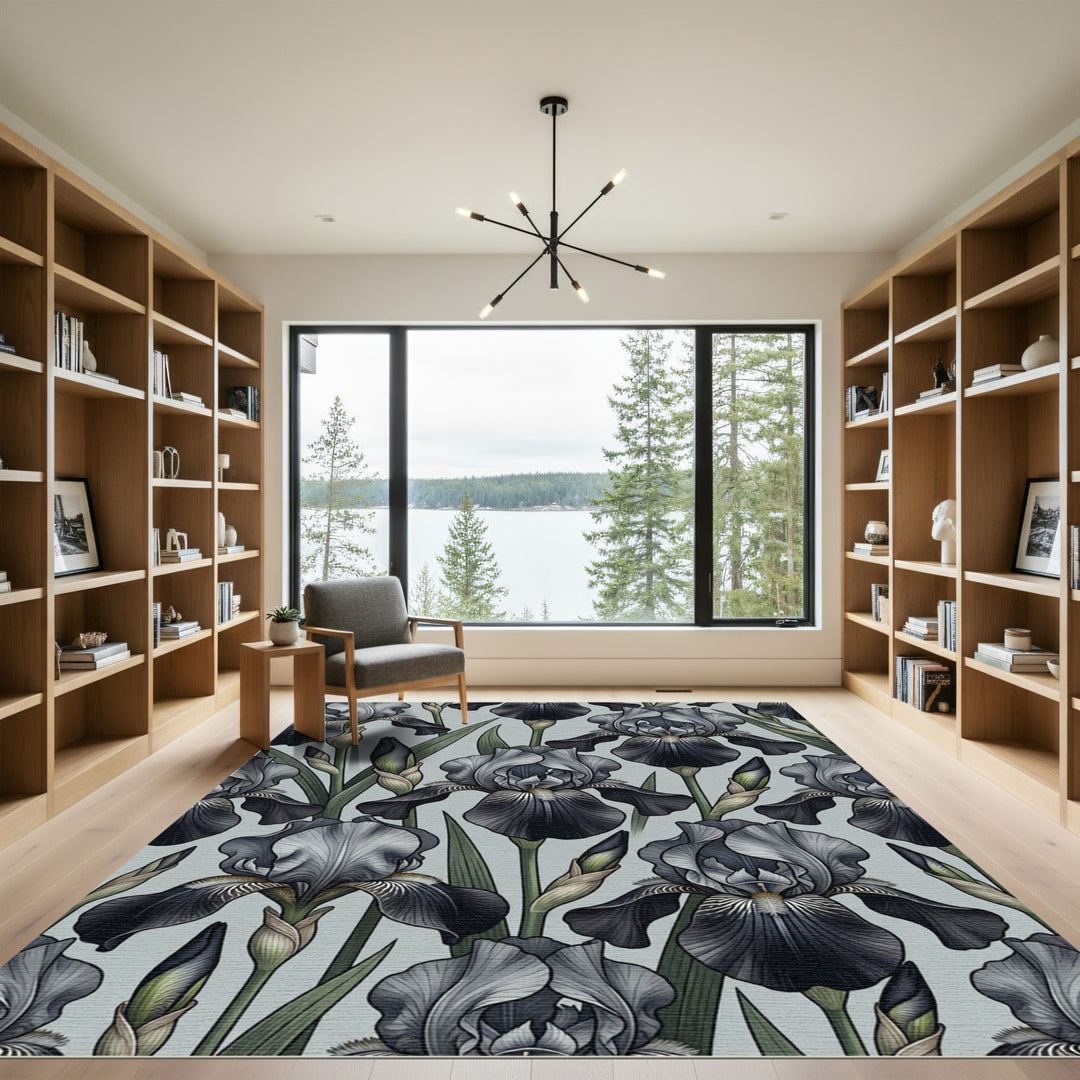 Gray Black Iris Floral Arrangement Rug