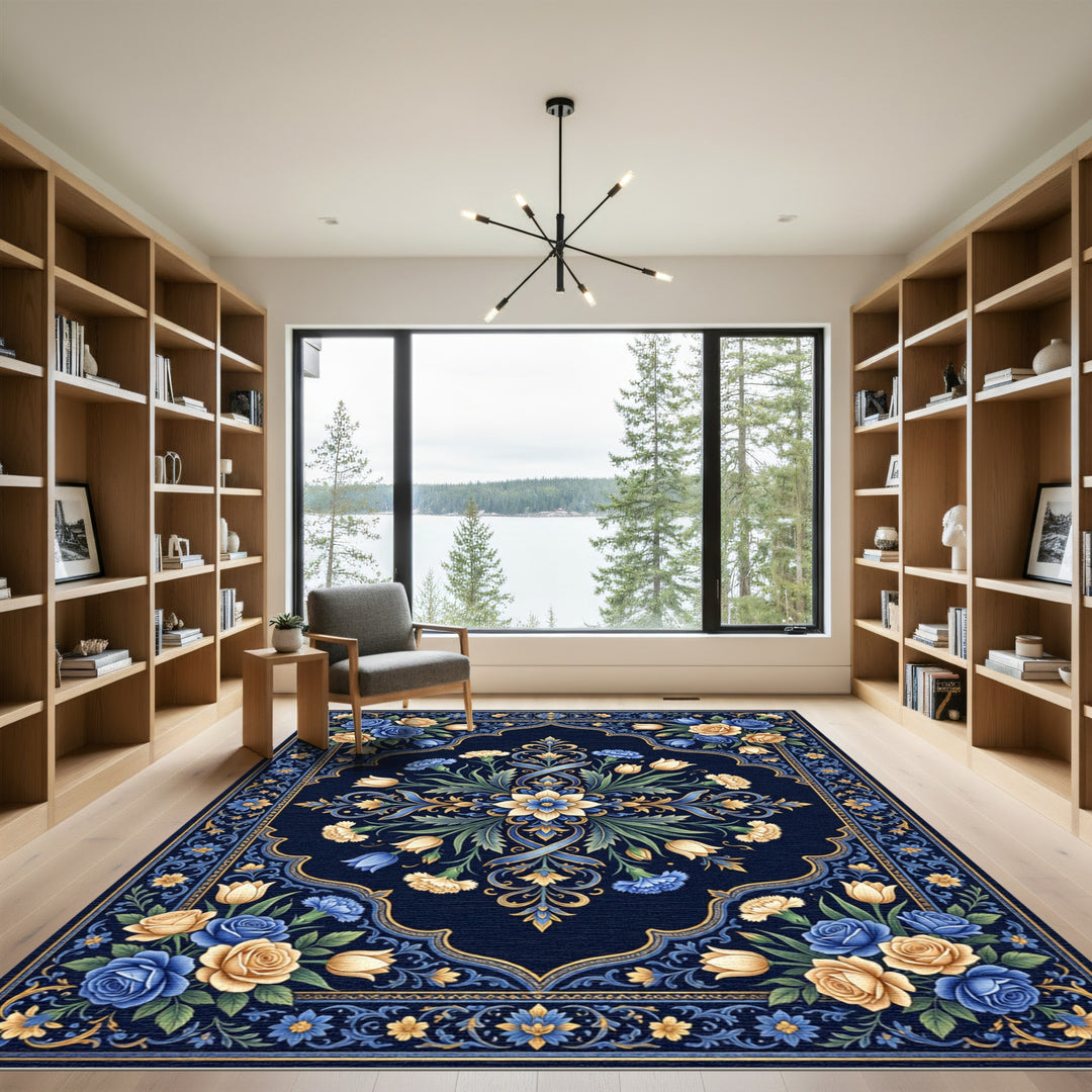 Midnight Blue Floral Scroll Medallion Rug