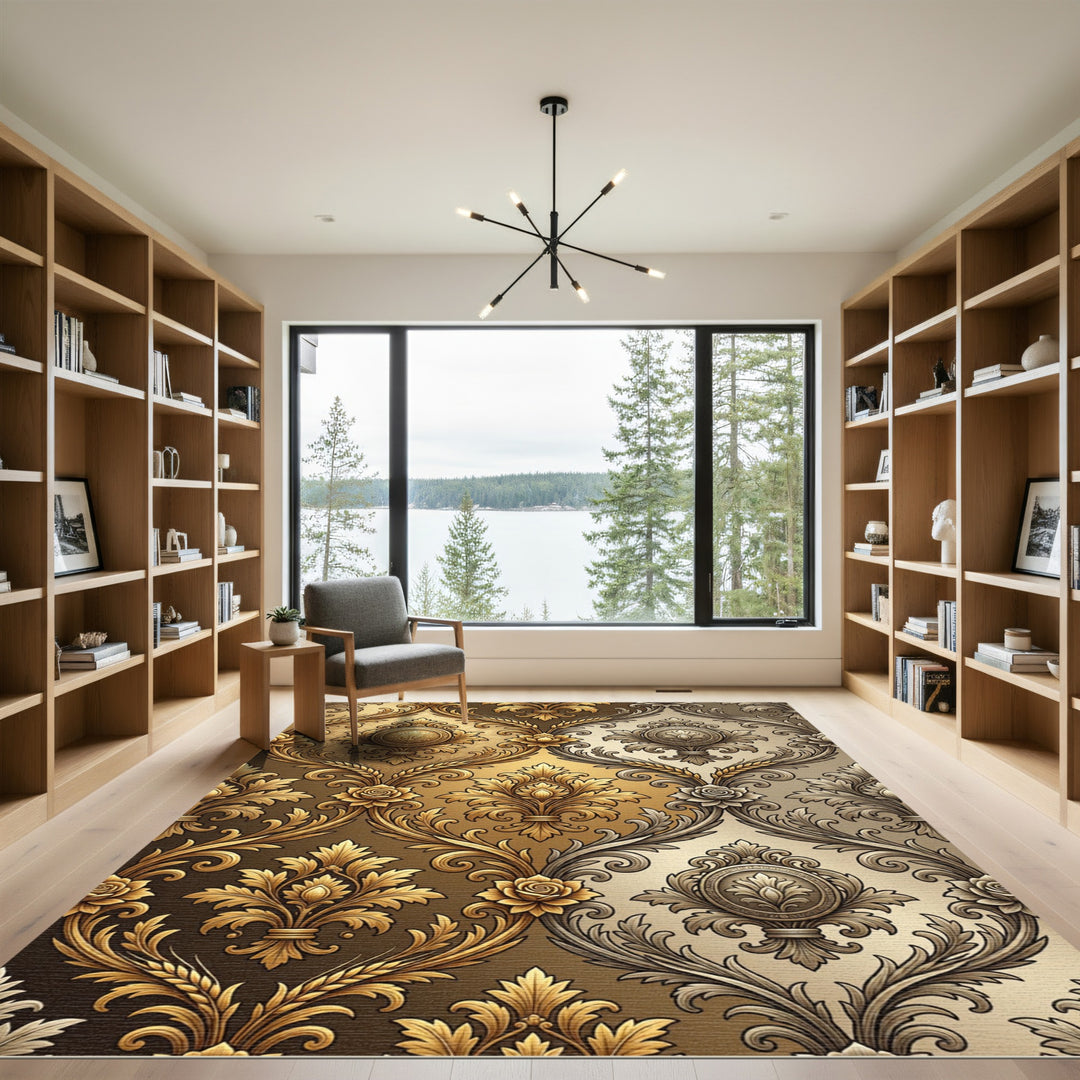 Ornate Gold Floral Scroll Damask Rug