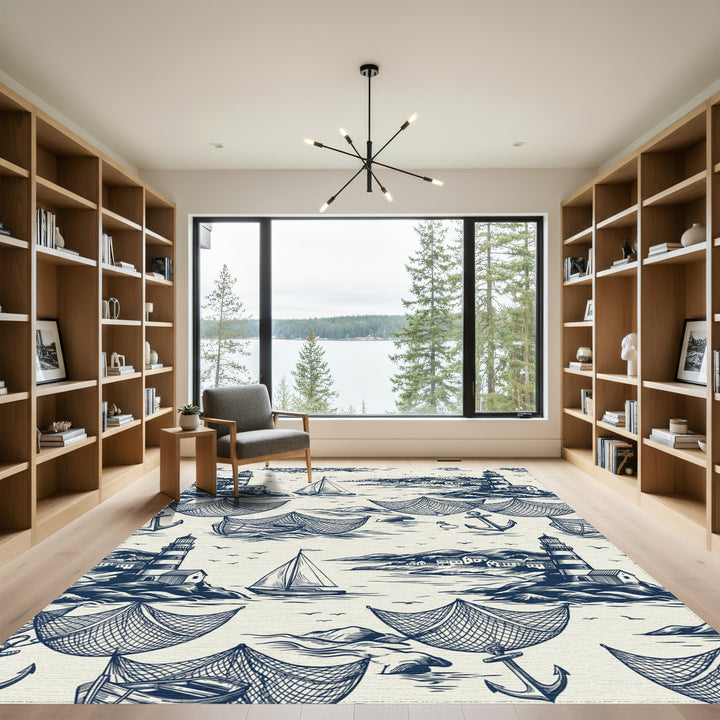Nautical Village Lighthouse Sailboat Anchor Scene Rug