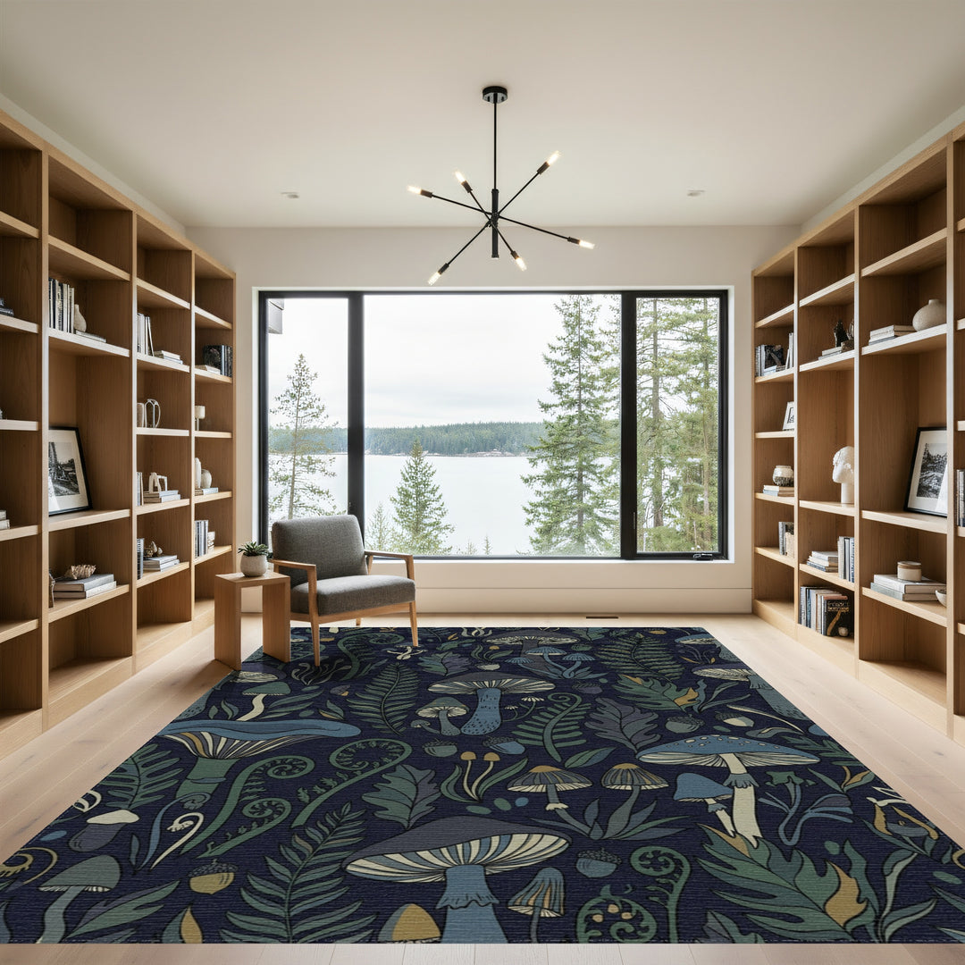 Forest Mushroom Fern Acorn Dark Blue Rug