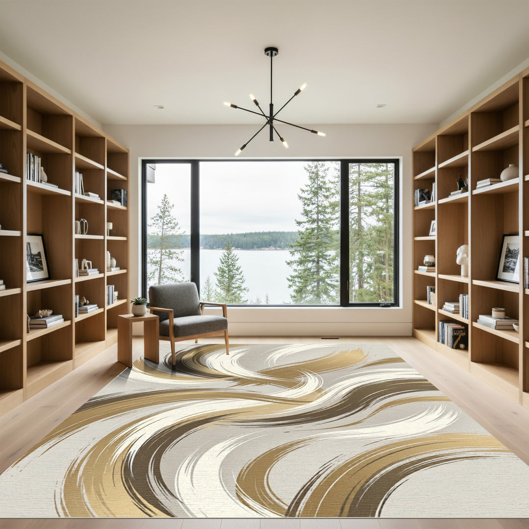 Golden Brown Swirl Brushstroke Rug