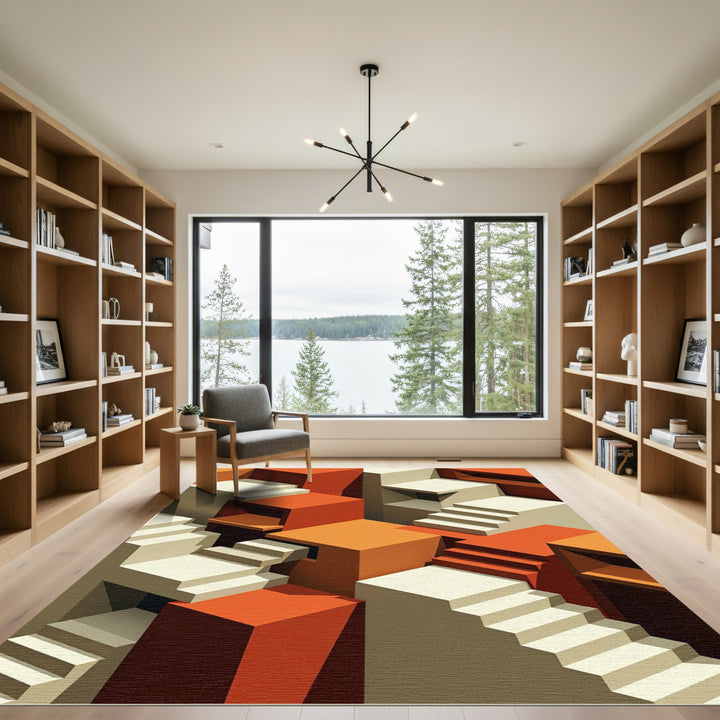 Abstract Orange Geometric Staircase Composition Rug