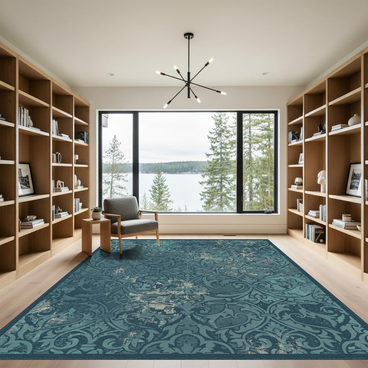 Vintage Teal Damask Accented Rug