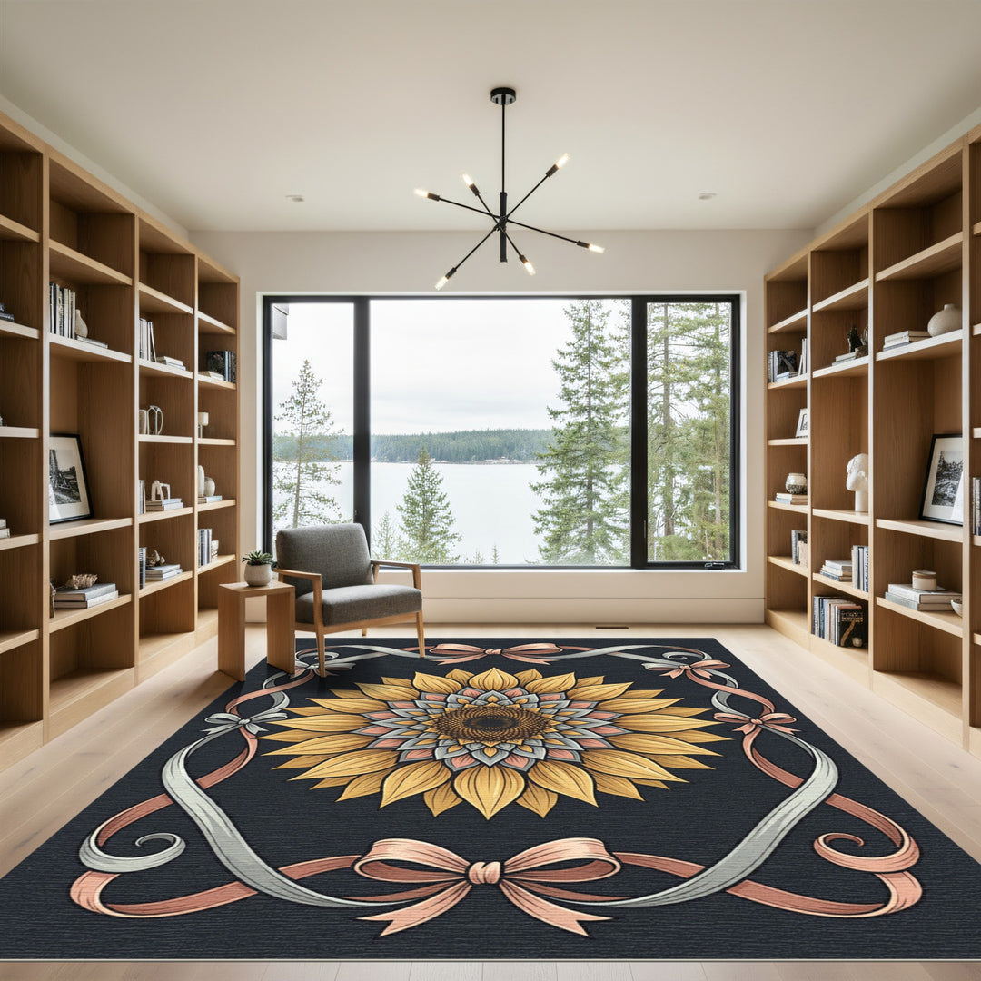 Golden Yellow Sunflower Ribbon Frame Rug