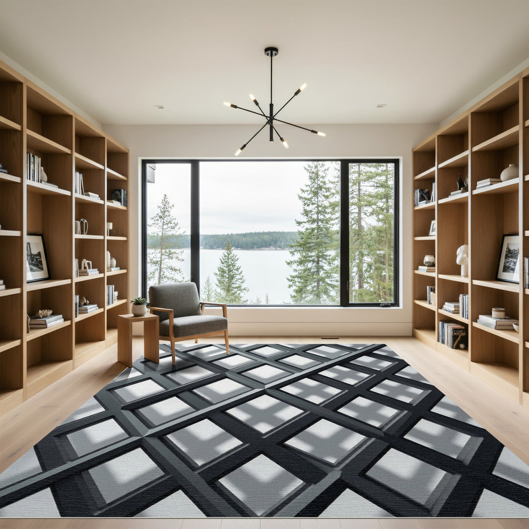 Dark Gray Intersecting Geometric Grid Rug