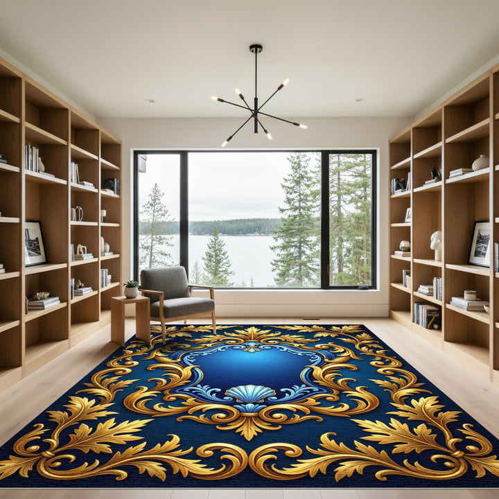 Gold Leaf Acanthus Scrollwork Blue Velvet Rug
