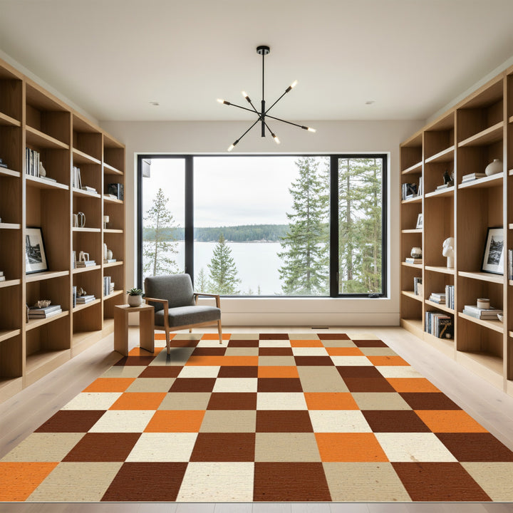 Retro Checkerboard Orange Brown Squares Rug