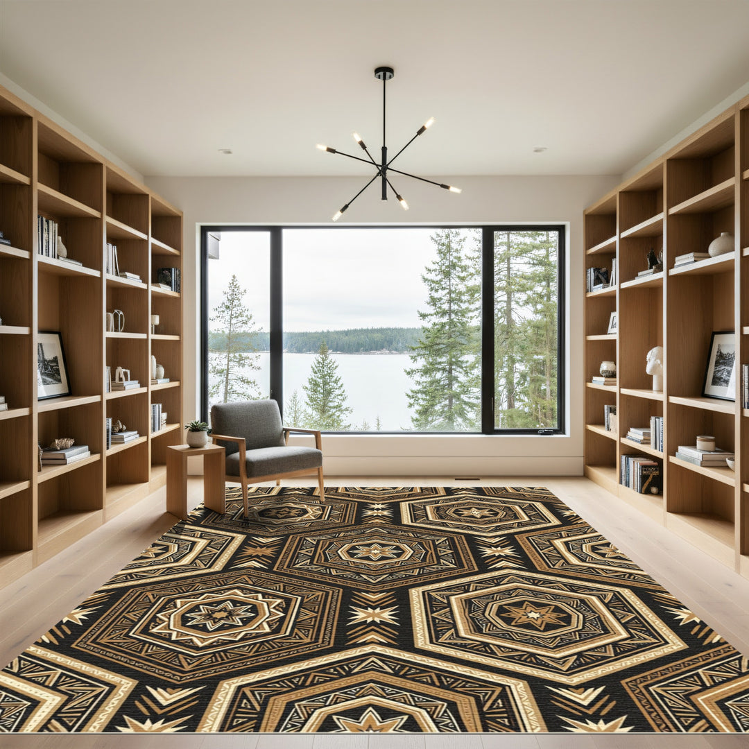 Gold Geometric Starburst Hexagon Rug