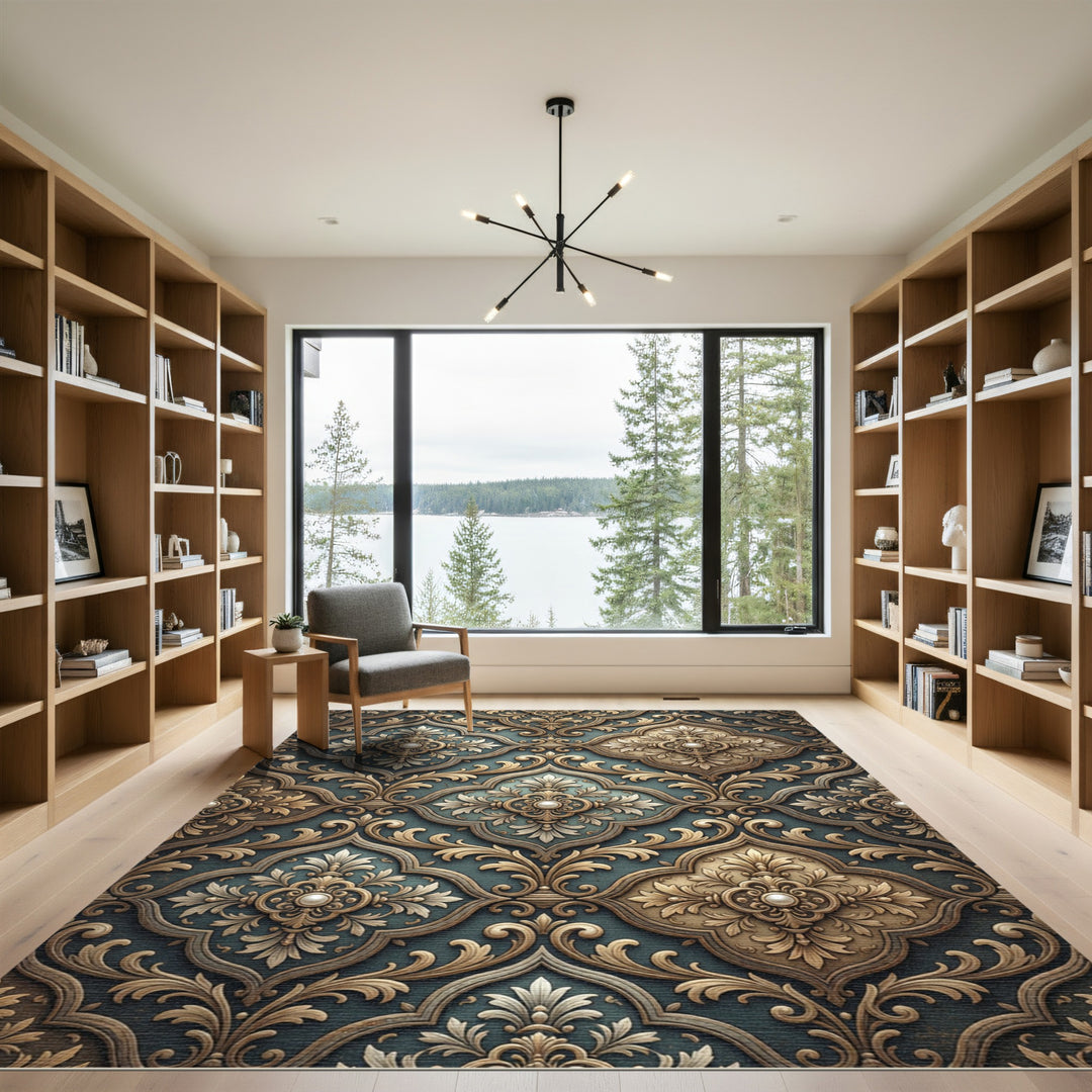 Ornate Gold Teal Damask Rug