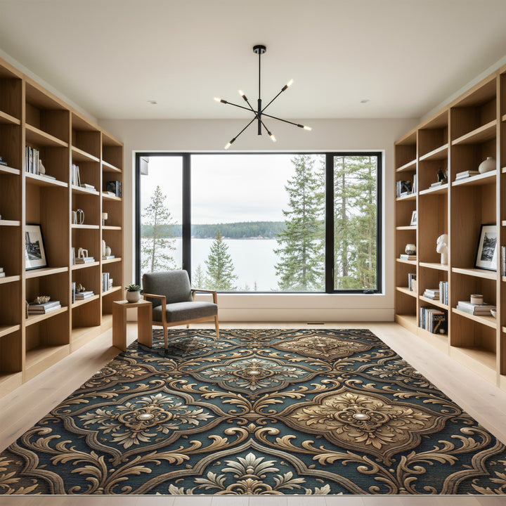 Ornate Gold Teal Damask Rug