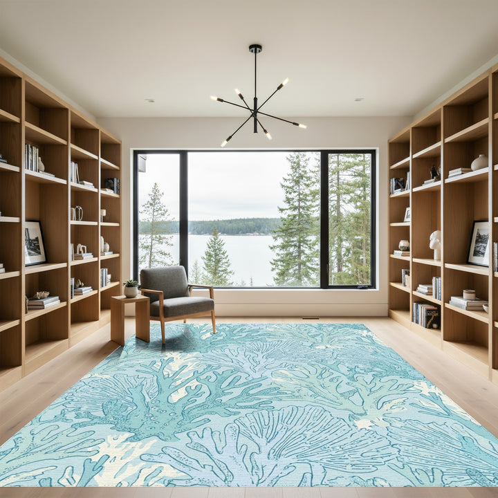 Oceanic Blue Coral Branch Arrangement Rug