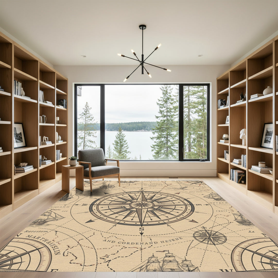 Vintage Nautical Compass Marine Map Rug