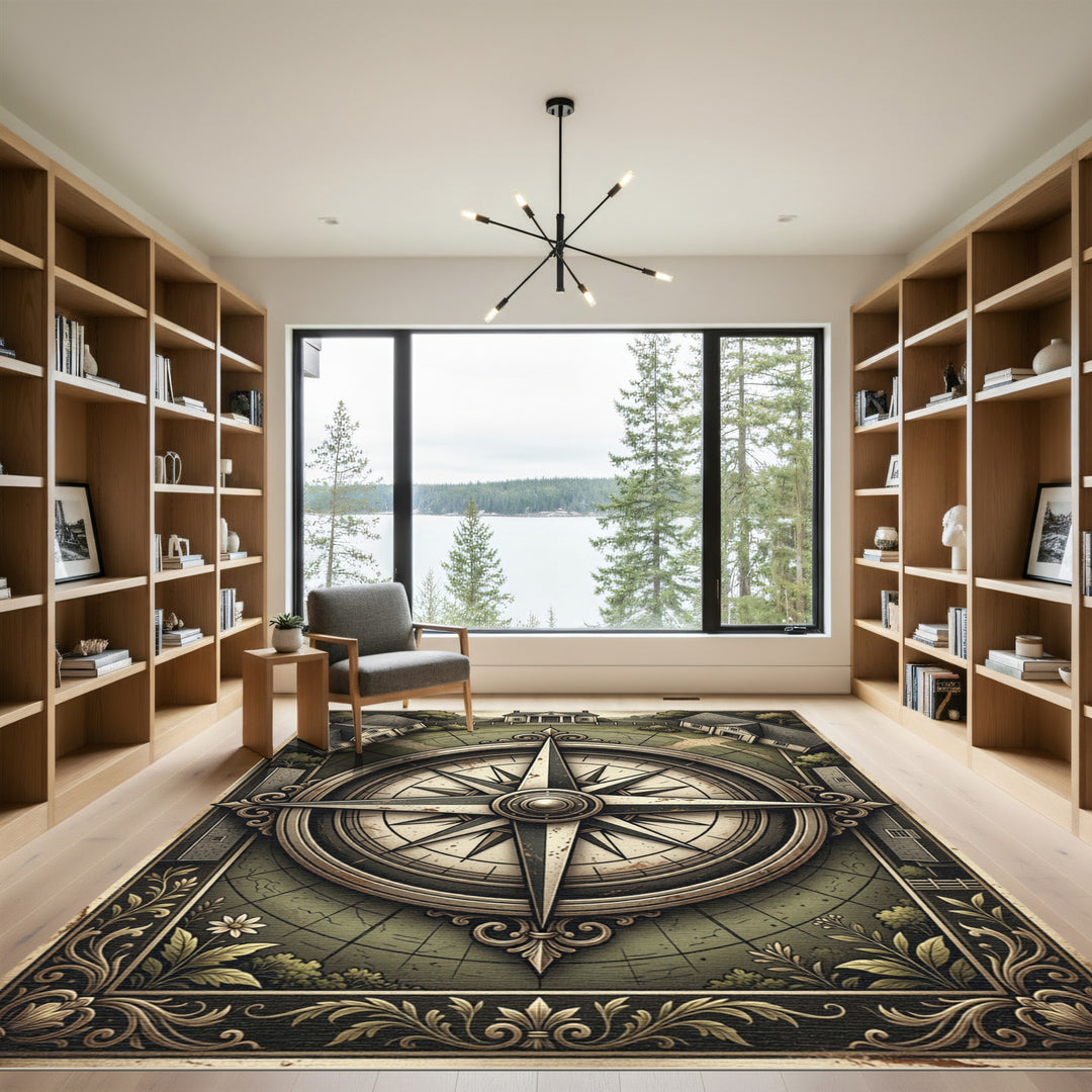 Antique Nautical Compass Historic Village Rug