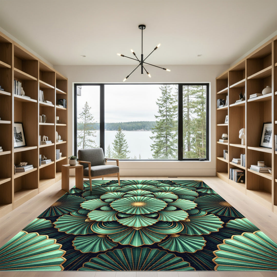 Art Deco Teal Gold Fan Radiating Rug