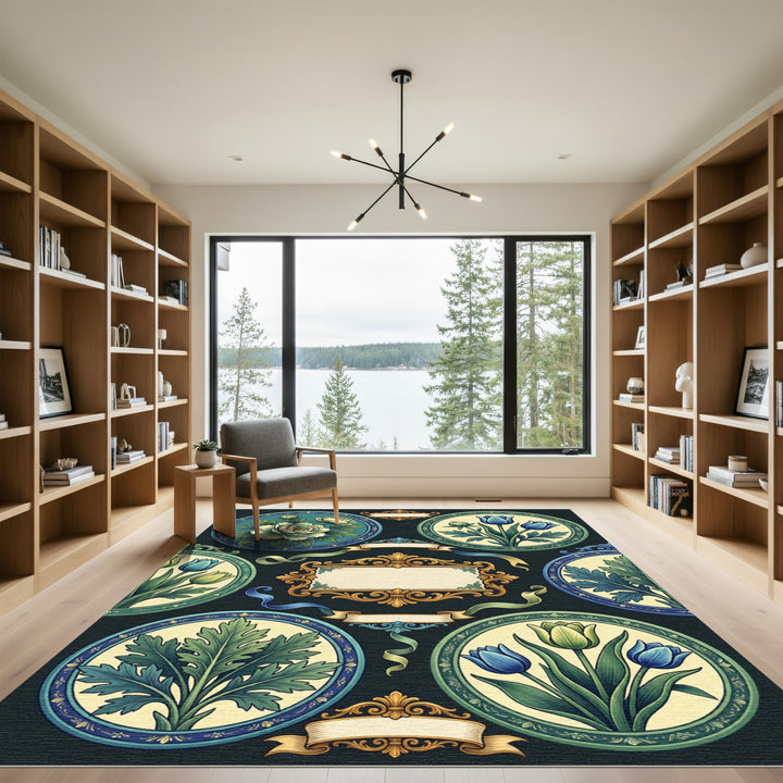 Ornate Blue Green Floral Medallion Rug