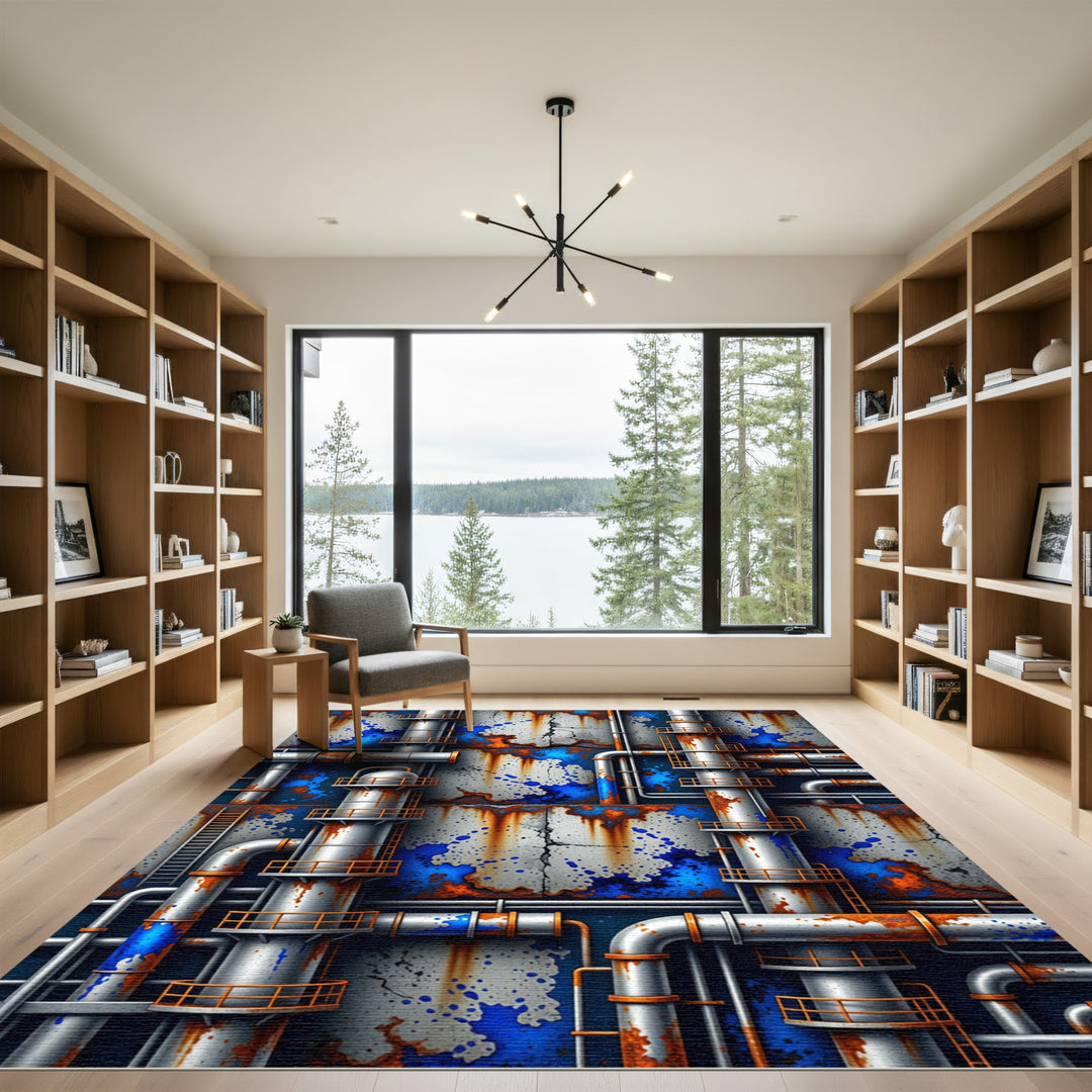 Industrial Blue Rusted Pipes Collage Rug