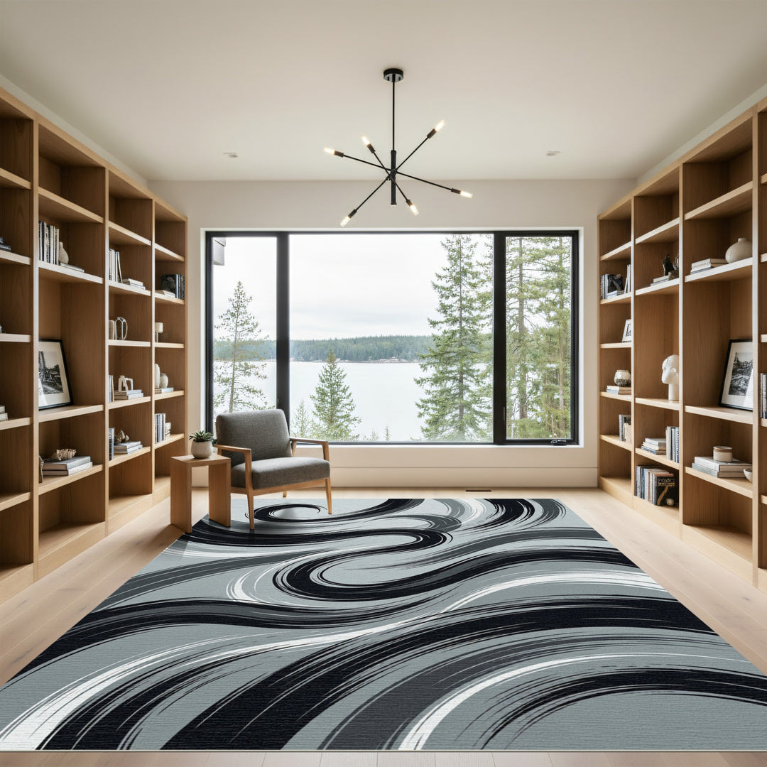 Abstract Black White Gray Swoosh Rug