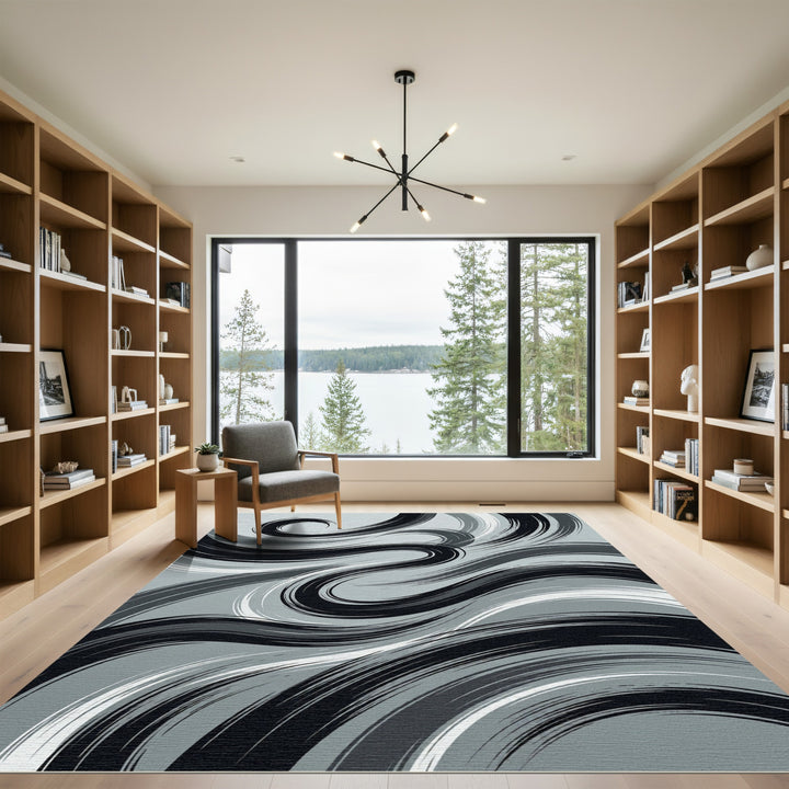 Abstract Black White Gray Swoosh Rug