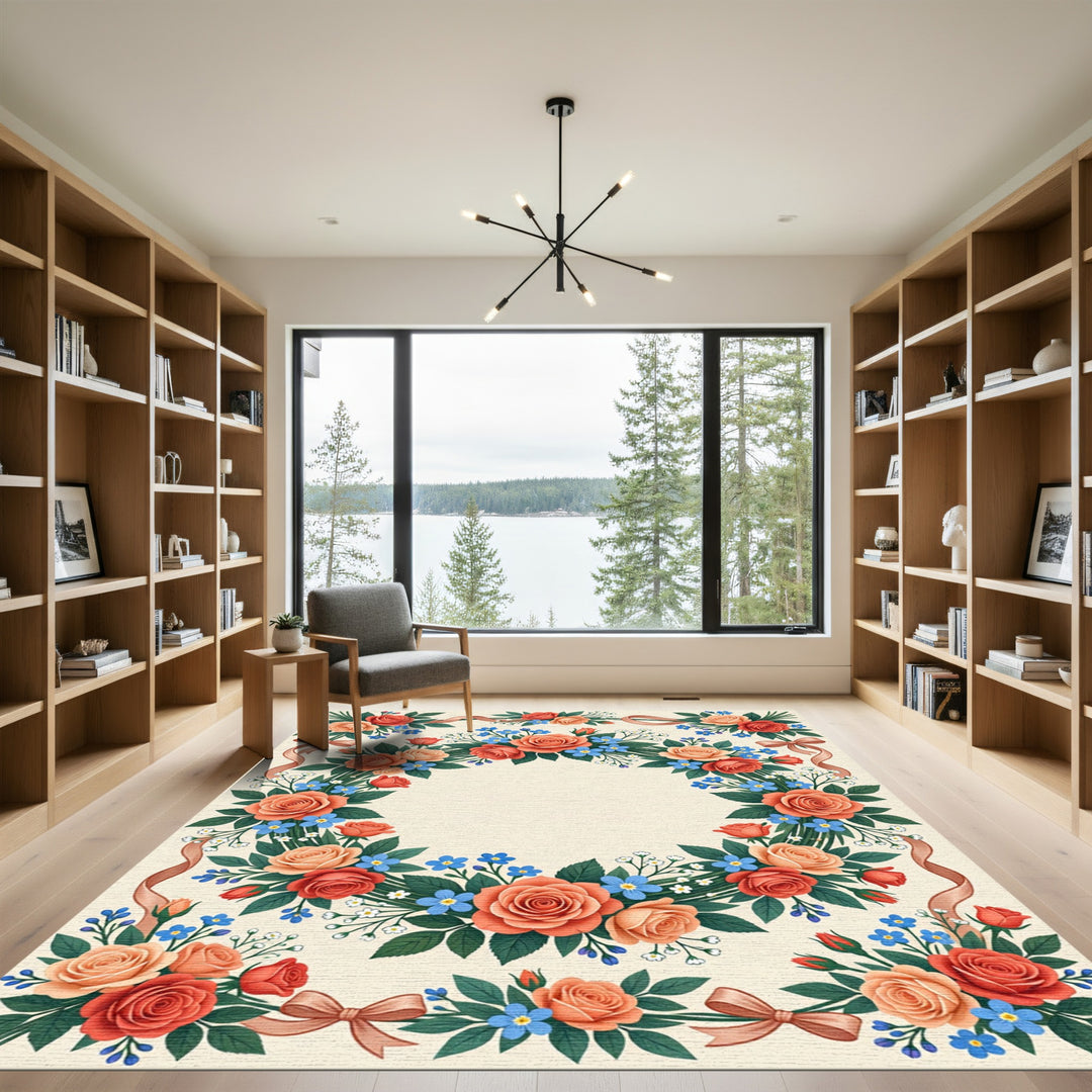 Coral Peach Rose Floral Wreath Rug
