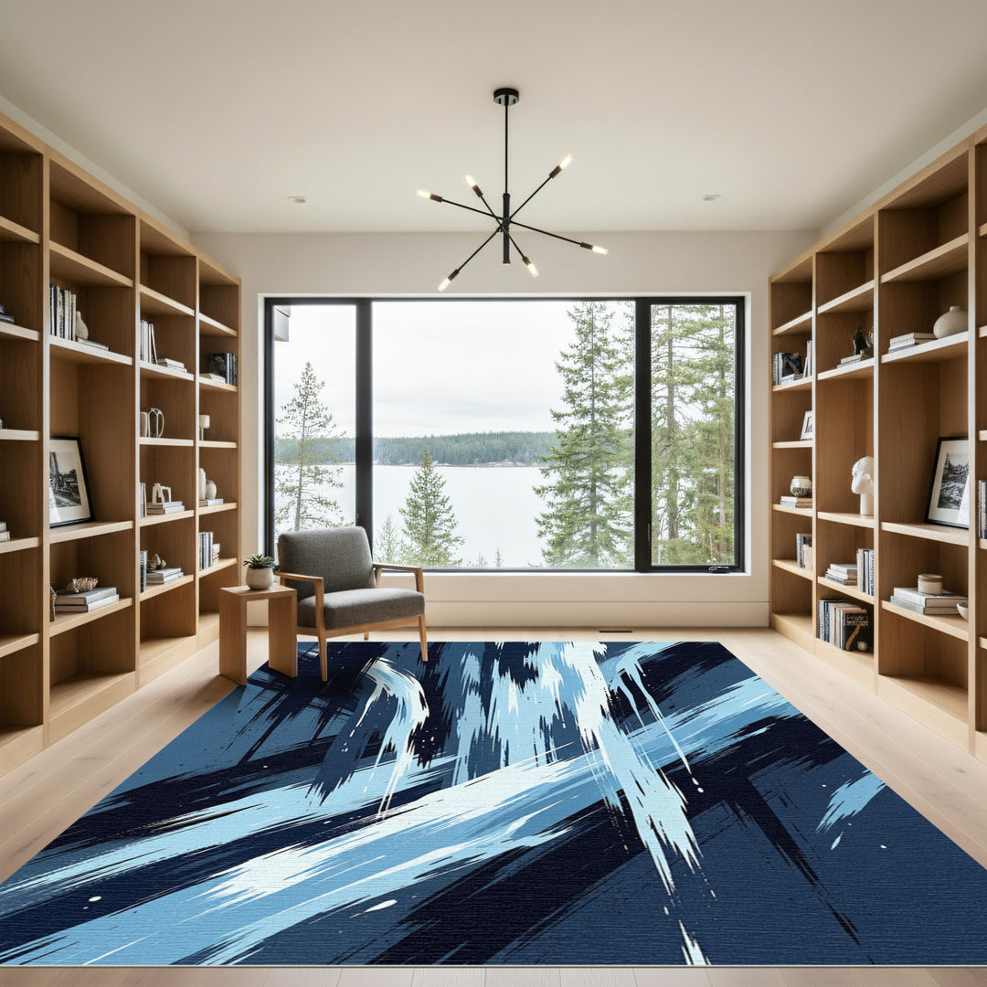 Deep Blue Abstract Brush Stroke Rug