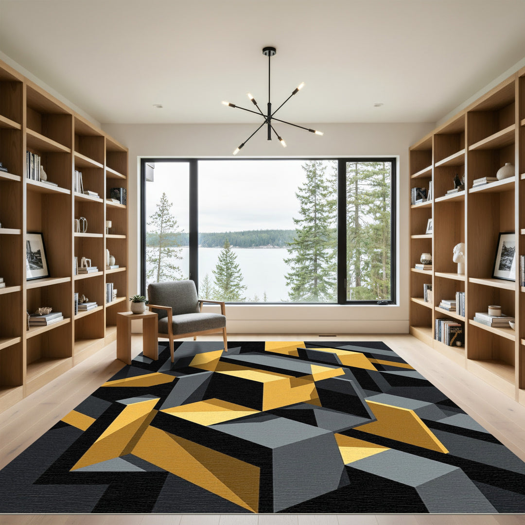 Abstract Geometric Gold Gray Cubes Rug