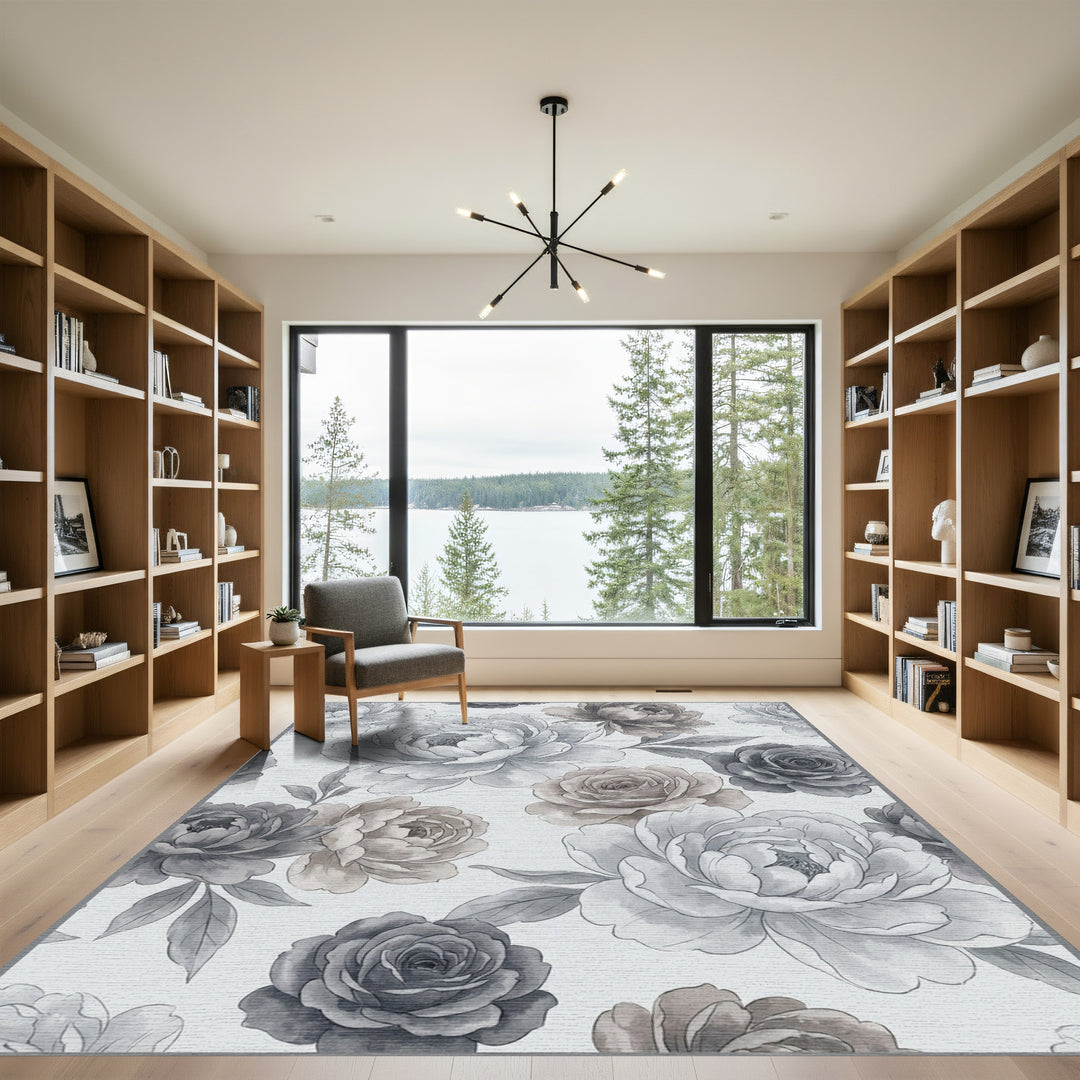 Vintage Gray Floral Peony Bloom Rug