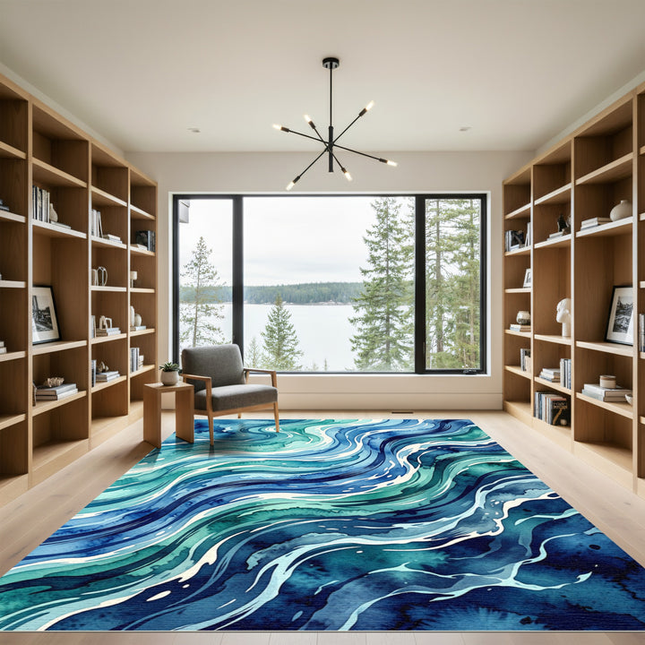 Deep Blue Aqua Swirling Waves Rug