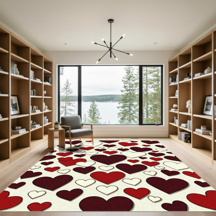 Romantic Burgundy Red White Hearts Rug