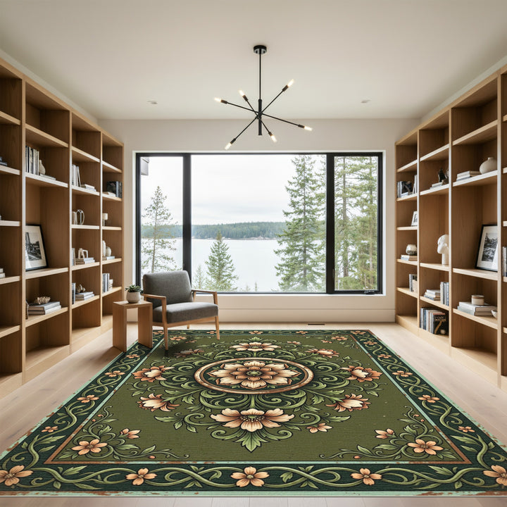 Vintage Green Floral Scroll Rug