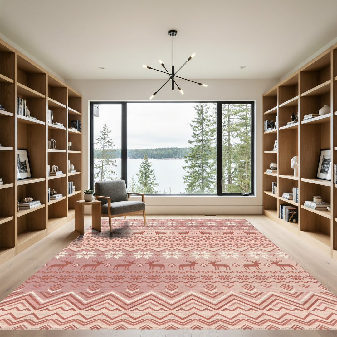Rose Gold Nordic Reindeer Snowflake Stripe Rug