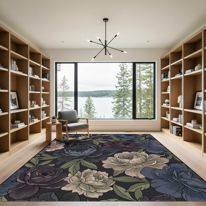 Dark Floral Peony Garden Rug