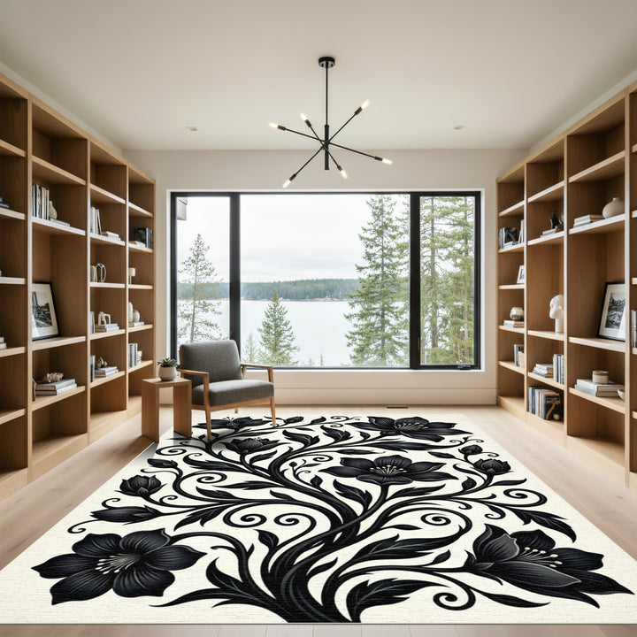Black Floral Vine Scroll Rug