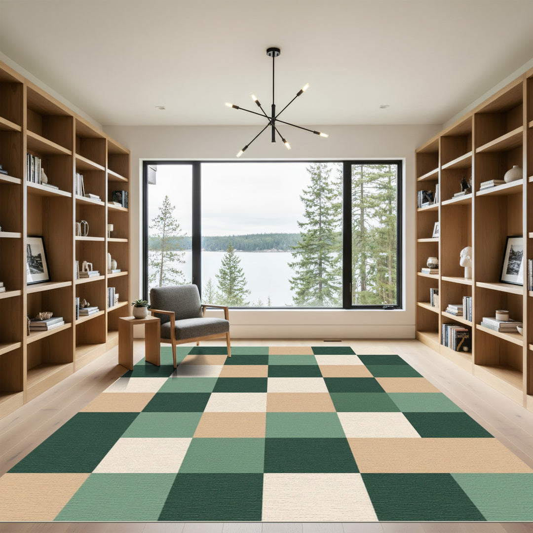 Checkerboard Green Beige Cream Rug