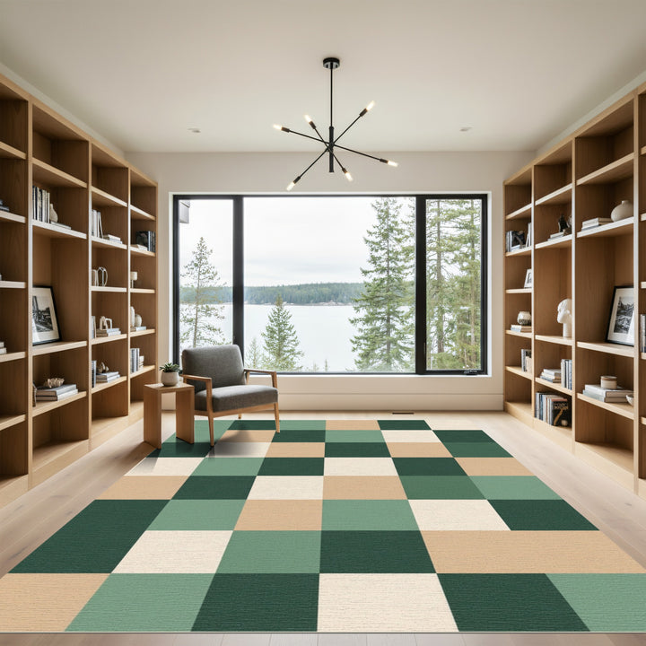 Checkerboard Green Beige Cream Rug